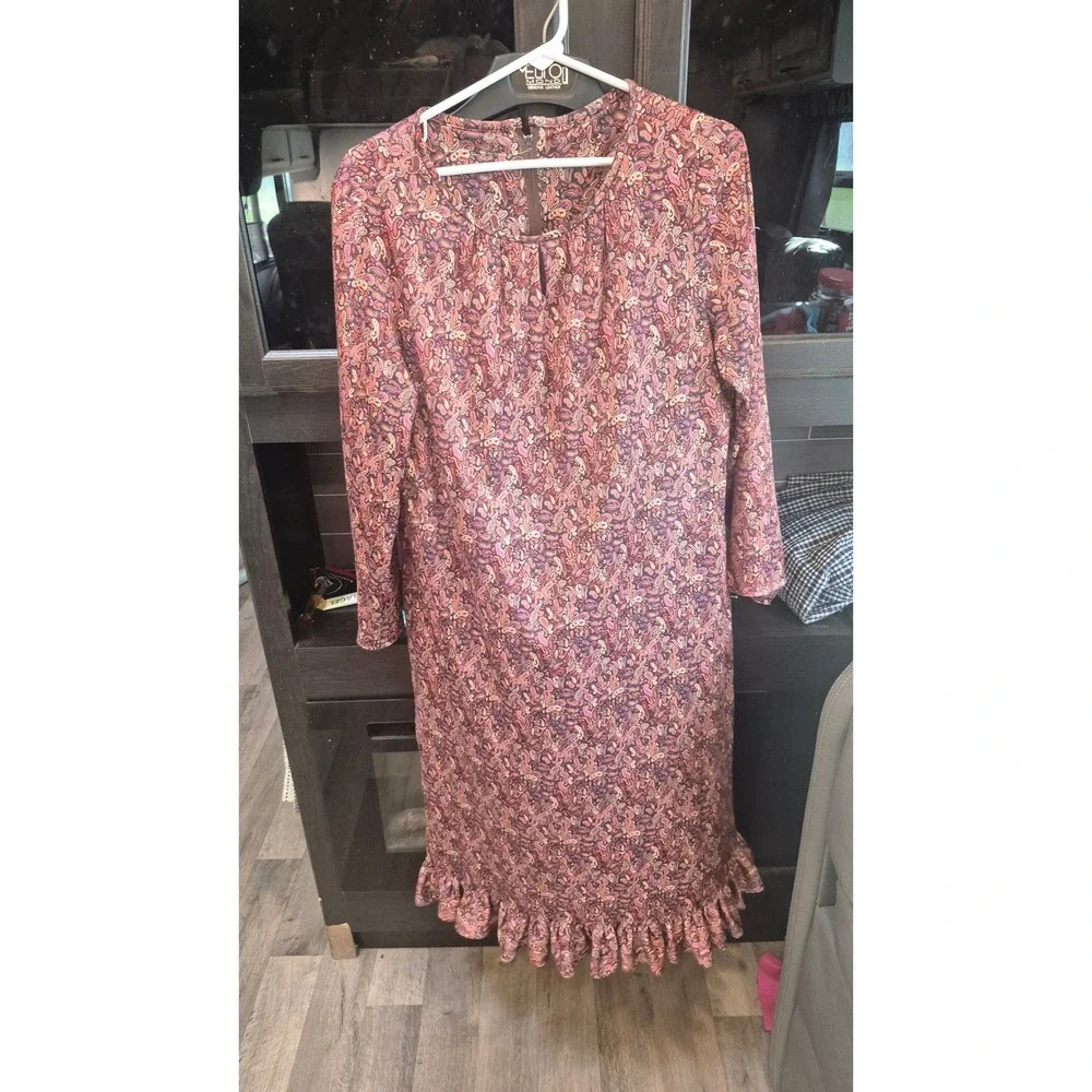 Handmade Vintage Paisley Print Long Sleeve‎ Midi Dress Ruffle Hem Mauve Purple M